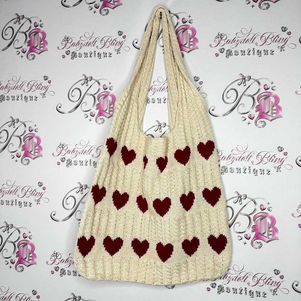 Tote purse cream knitted Chic Knit Tote Bag with Red Hearts